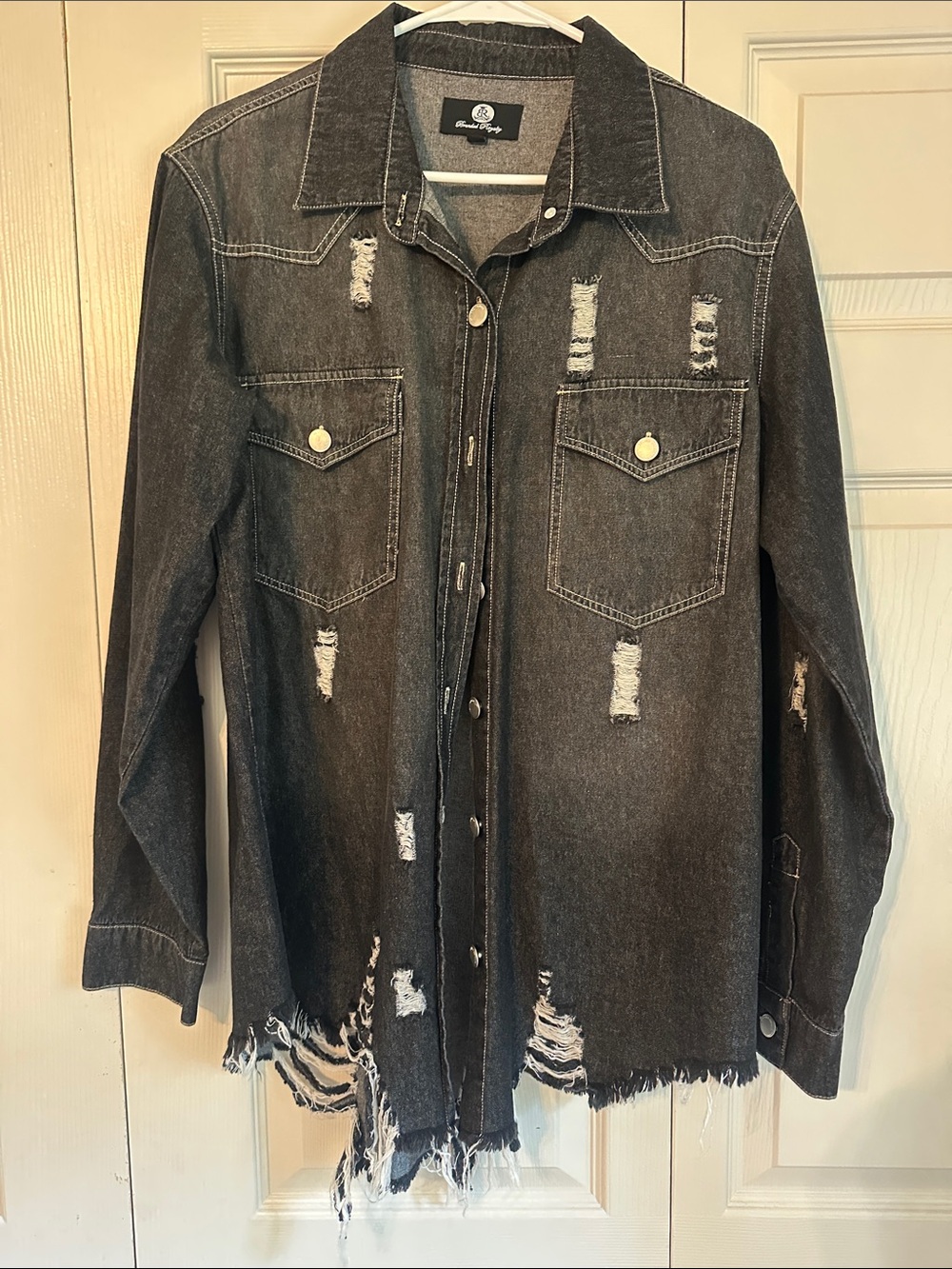 Women's Distressed Black Denim Shacket